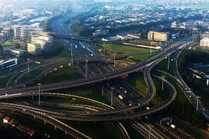 Aerial view of major highway system in the outskirts of Brussels.